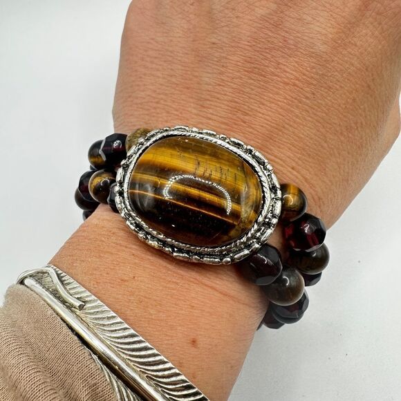 Stunning tigers eye and possible faceted garnet beaded stretchy bracelet! - Picture 10 of 12